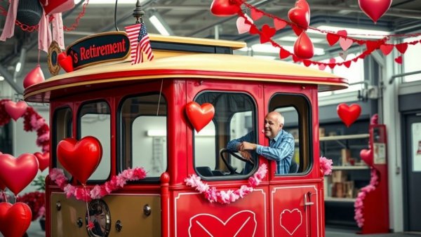 Valentine's Day trolley retirement celebration with decorated trolley.