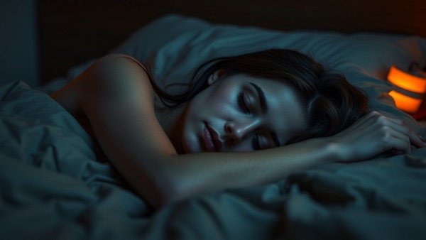 Woman in bed at night enveloped in warm ambient light.