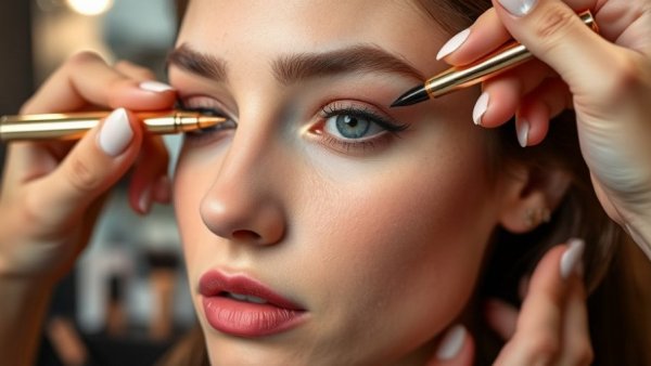 Young woman receiving concealer application, backstage makeup setting.