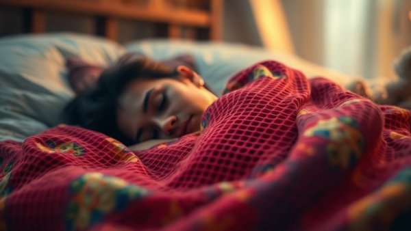 Artistic image of blurred sleeping person under a colorful blanket.