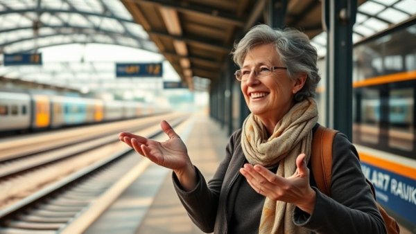 Woman sharing train station travel tips at Vicenza platform.
