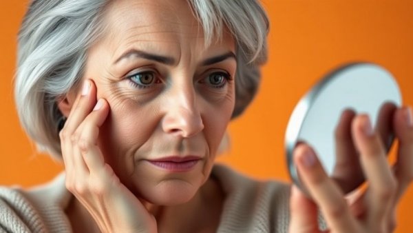 Woman checking skin health with mirror, orange background
