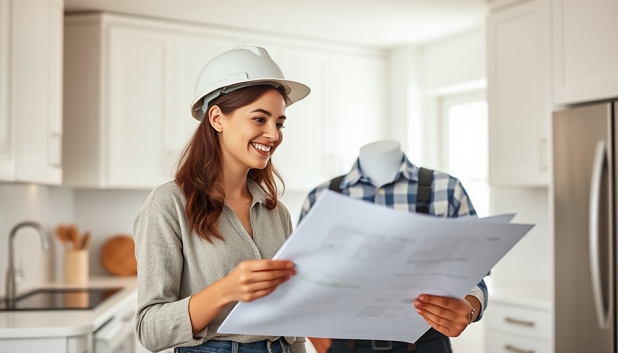 Young woman consults construction worker on kitchen remodel budget tips.