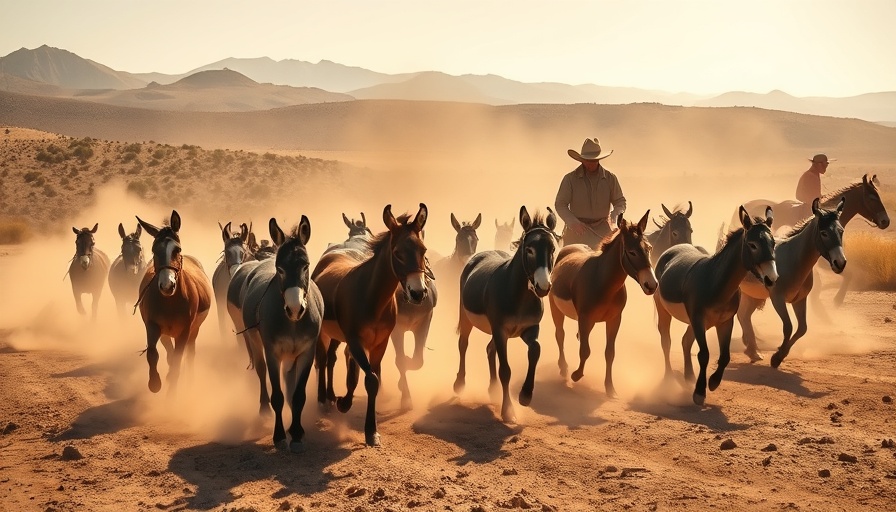 Bustling California donkey roundup in a dusty landscape.