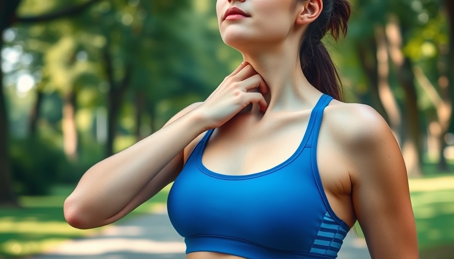 Woman in bright blue sports bra experiencing back discomfort in park.