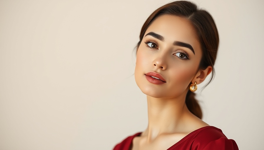 Elegant woman in red offering skincare tips, soft lighting.