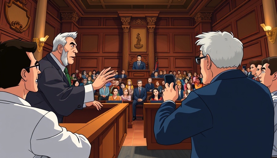 Cartoon courtroom scene depicting deliberation on Trump's wartime powers deportation ruling.