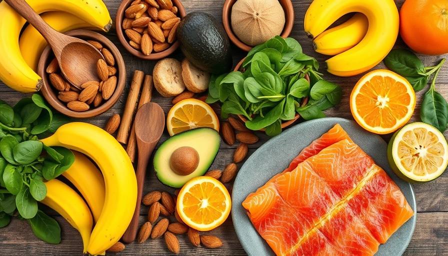Vibrant assortment of potassium-rich foods on a rustic table.