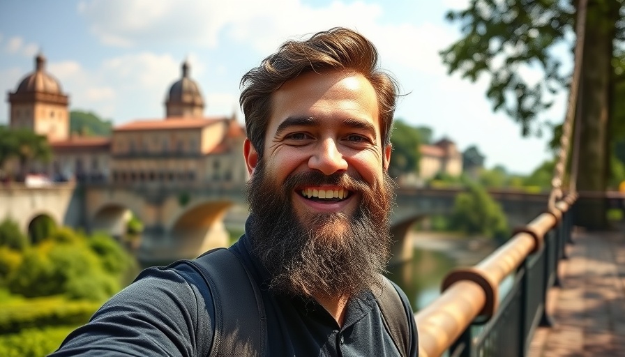 Smiling man with scenic bridge. Unwritten rules of travel backdrop.