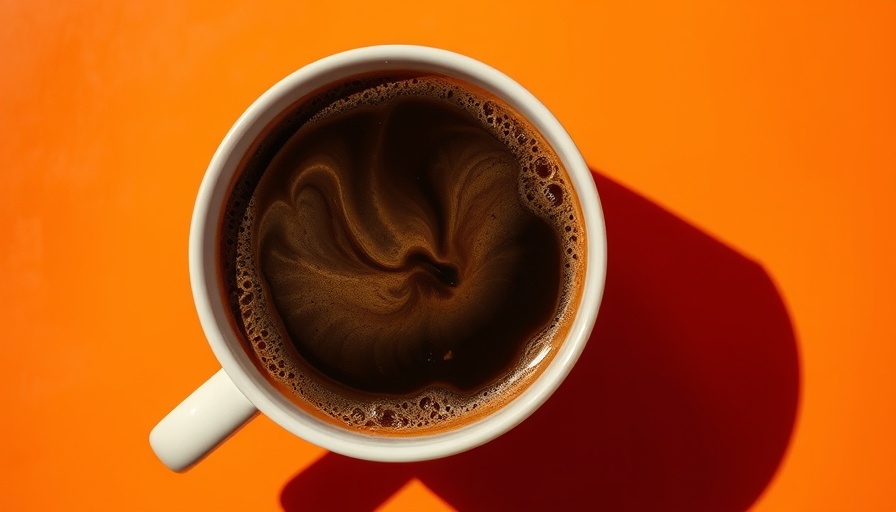 Black coffee in white cup casting shadow on orange surface.