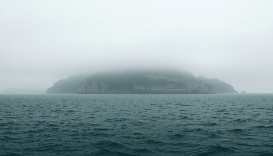 Alcatraz prison island shrouded in fog, turning back into a prison.