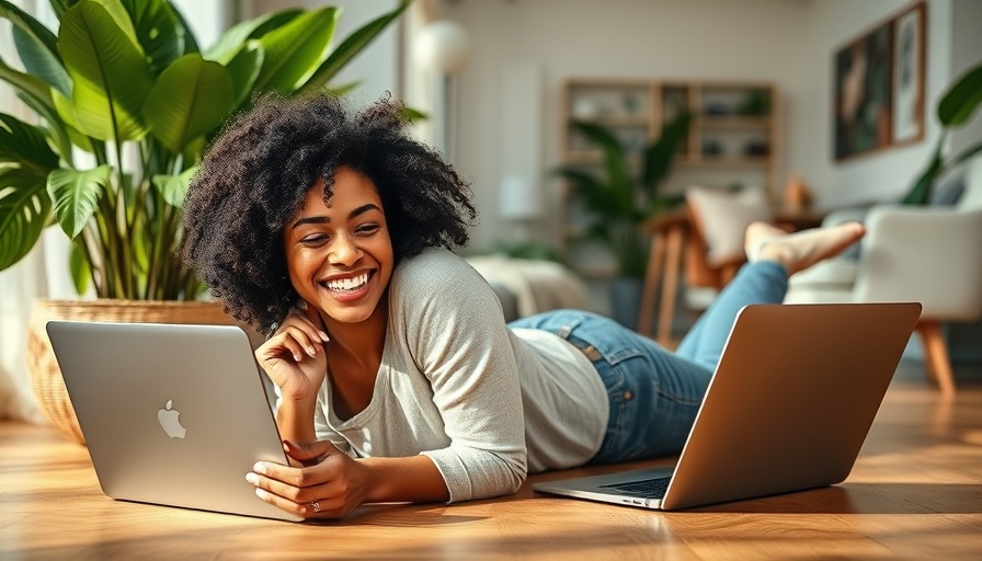 Woman enjoying tummy time benefits with laptop and phone in cozy room.