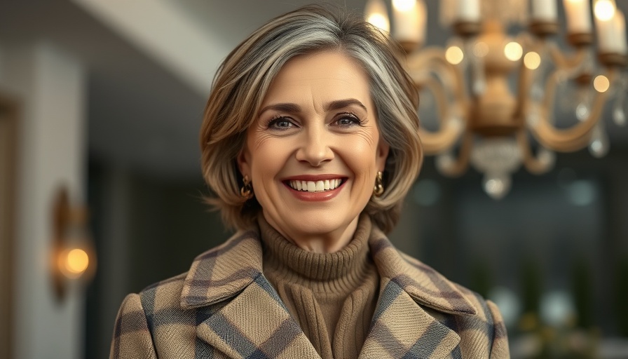 Confident middle-aged woman smiling warmly in bright setting, symbolic of women in menopause.