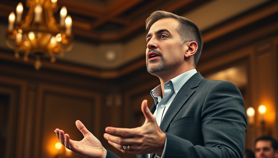 Confident speaker addressing an audience with dynamic lighting.