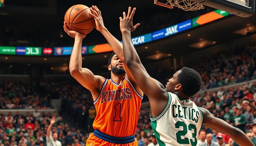 Knicks player shoots over Celtics defender capturing series lead moment.