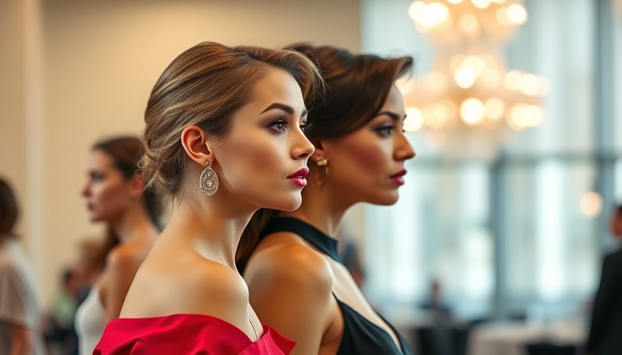 Side profiles of elegantly dressed female celebrities at an event.