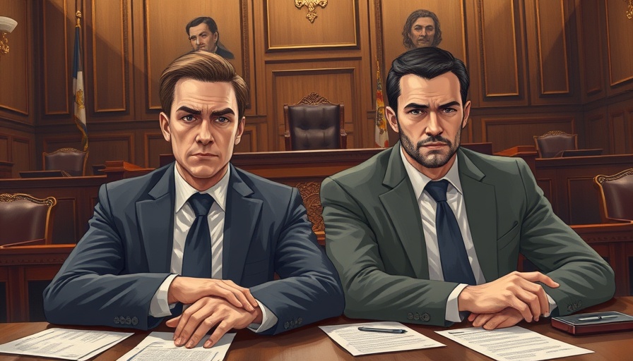 Illustration of two serious males in courtroom, Menendez brothers sentence reduction context.