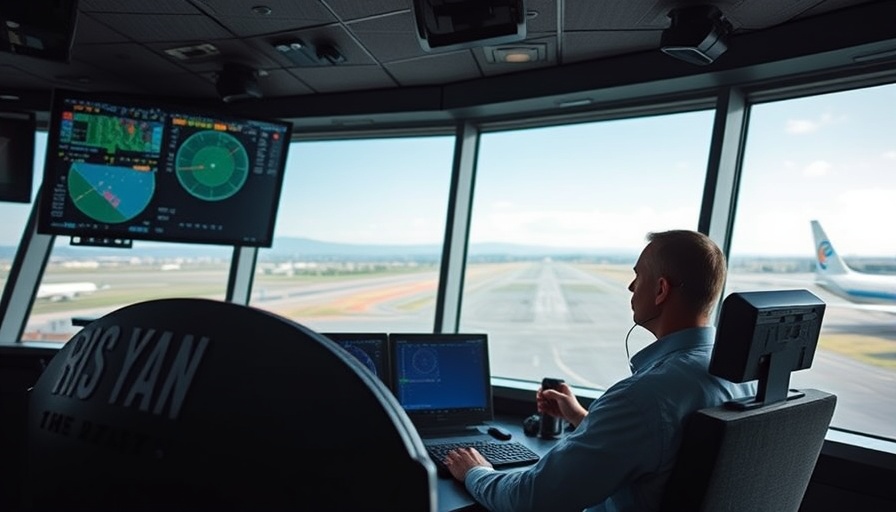 Air traffic controller monitors radar to avert midair collision, view of runway.
