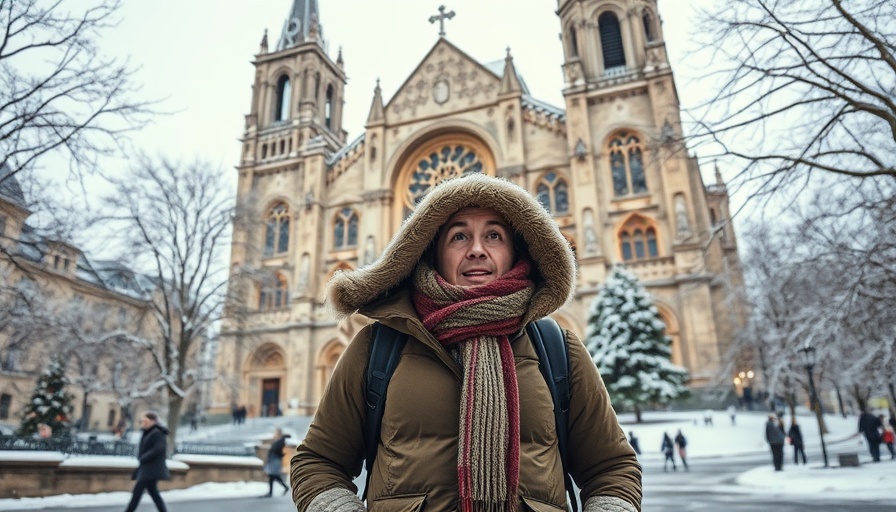 Winter traveler in Finland with ancient cathedral.