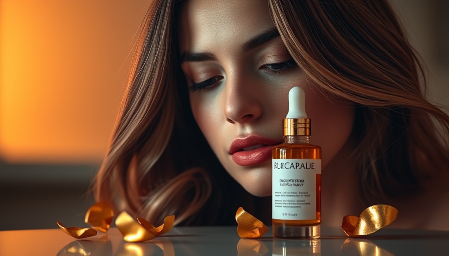 Young woman and skincare serum bottle with gold foil, serene atmosphere.
