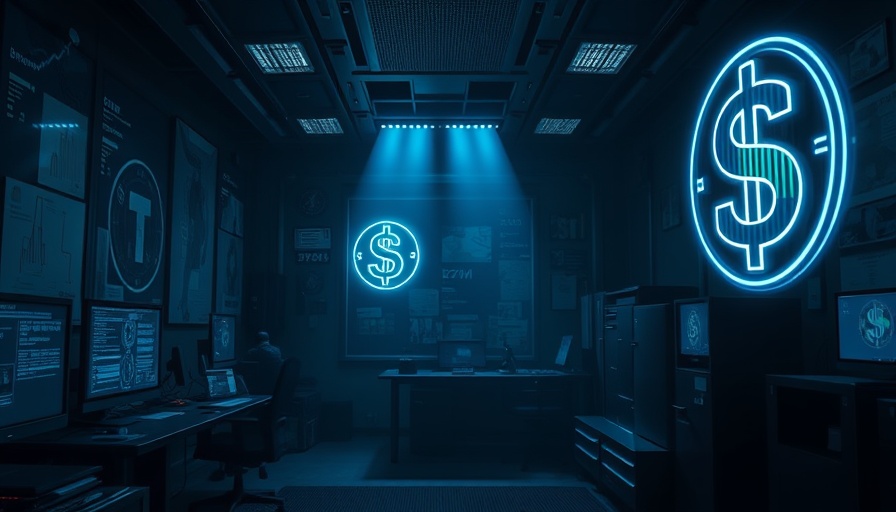 Cryptocurrency symbols in dimly lit office, suggesting crime.