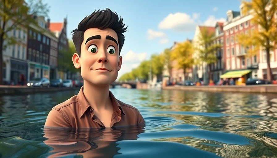 Puzzled man in a canal with scenic Amsterdam background illustrating vacation rental don'ts.