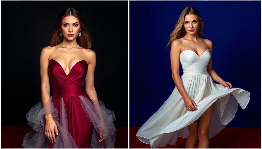 Glamorous women posing elegantly, red carpet event.