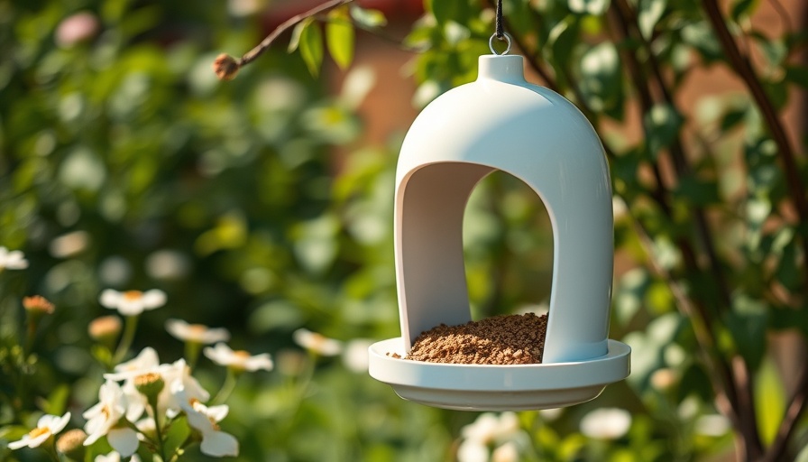 Sleek white bird feeder camera in a garden setting surrounded by greenery.
