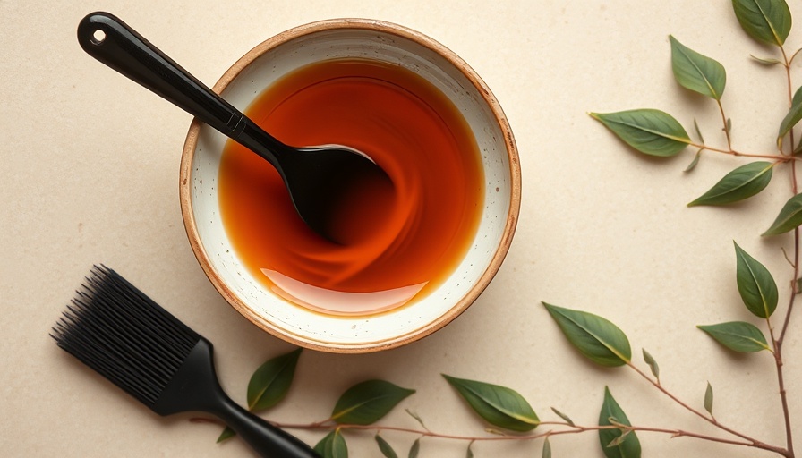 Organic hair dye with application brush and leaves on beige.