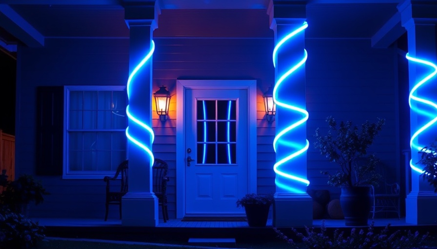 Vibrant outdoor LED strip lights illuminating a porch