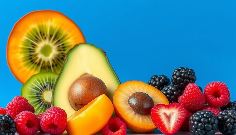 Colorful high-fiber fruits against blue background.