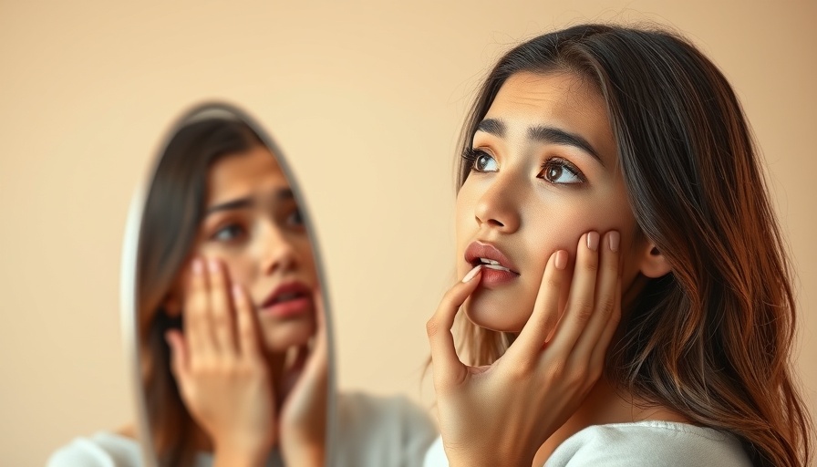 Woman examining skin in mirror, considering hormonal acne diet.