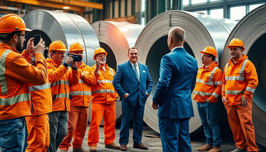 Industrial workers observing a man, doubling steel tariffs to 50%