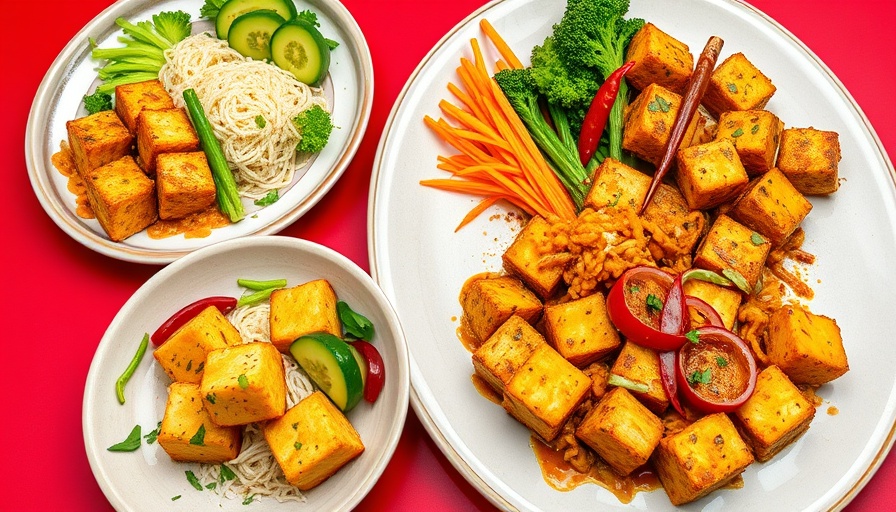 Colorful high-protein tofu meals on a red background.
