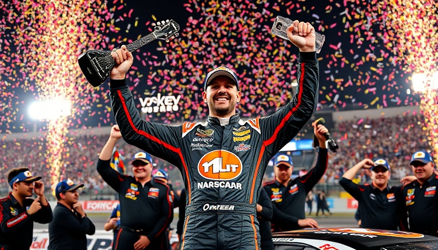 NASCAR Cup Series winners celebrating with guitar trophy and confetti.