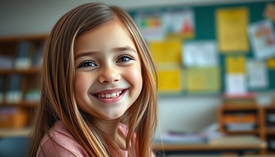 Young girl in classroom smiling warmly, advocating Down syndrome awareness.