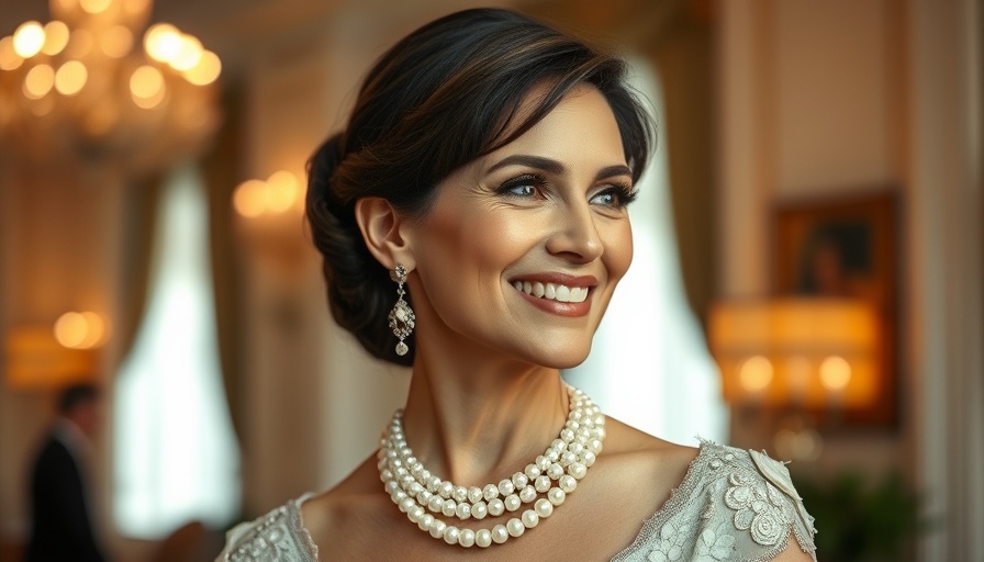 Elegant woman's smile with formal attire and pearl jewelry, princess nails