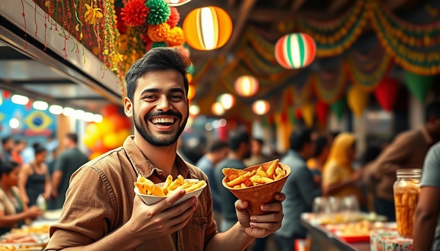 Joyful man enjoying snacks at Festas Juninas in Brazil.