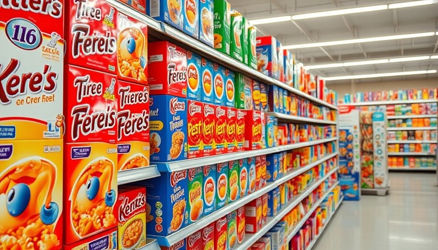 Supermarket cereal aisle showcasing various colorful brands.