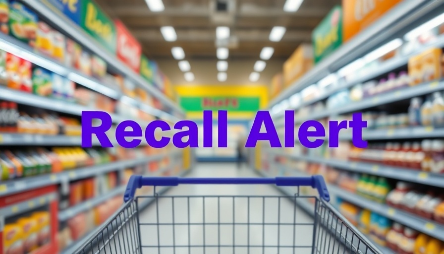 Shopping cart in grocery aisle with food recall alert sign.