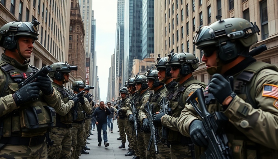 National Guard deployment in LA, military personnel stand alert, city backdrop.
