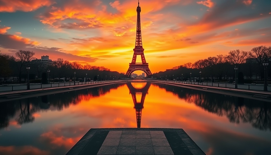 Vibrant view of the Eiffel Tower at sunset, reflecting in water.