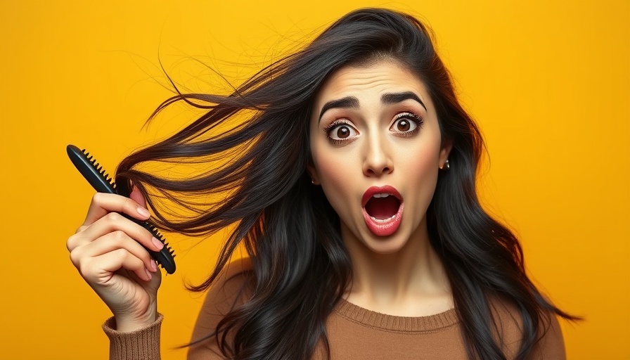 Dehydration causes hair loss; surprised woman with hairbrush and fallen hair.