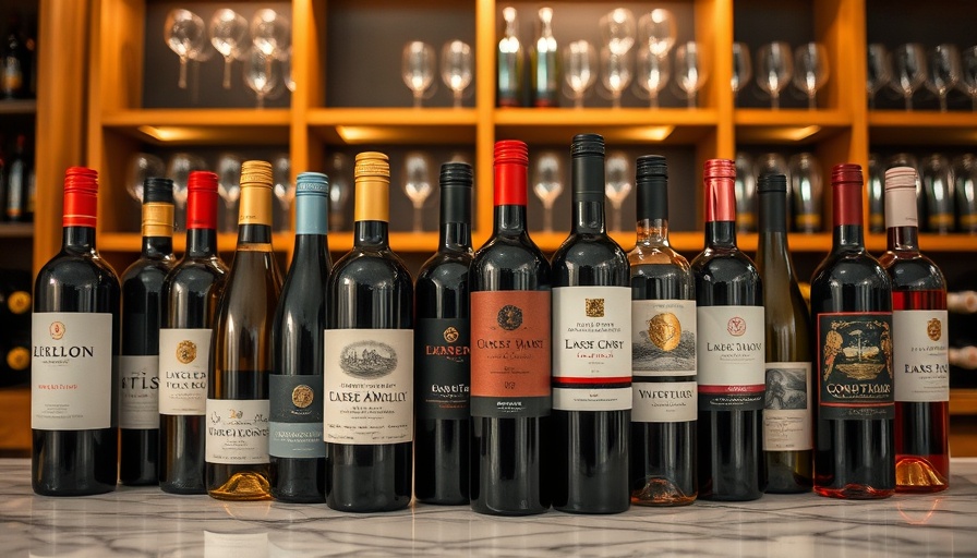 Assorted wine bottles on marble countertop in wine cellar