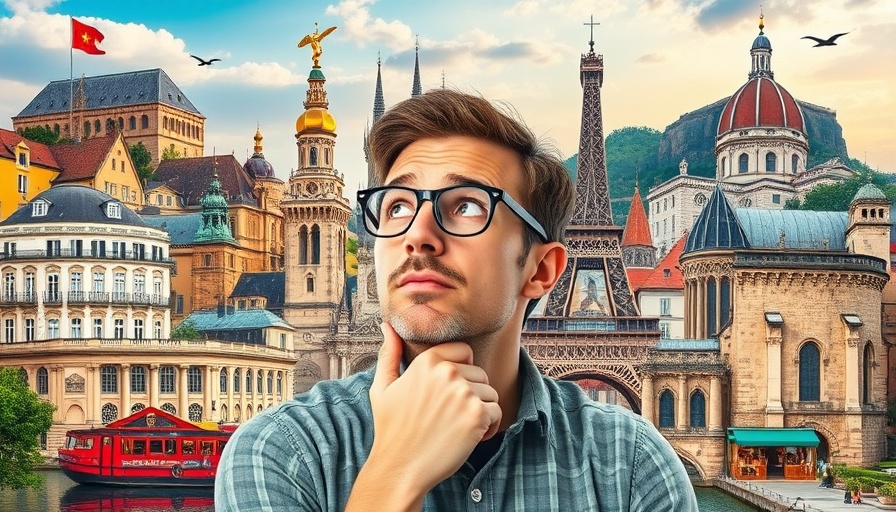 Plan European vacation with landmark collage and thoughtful man.