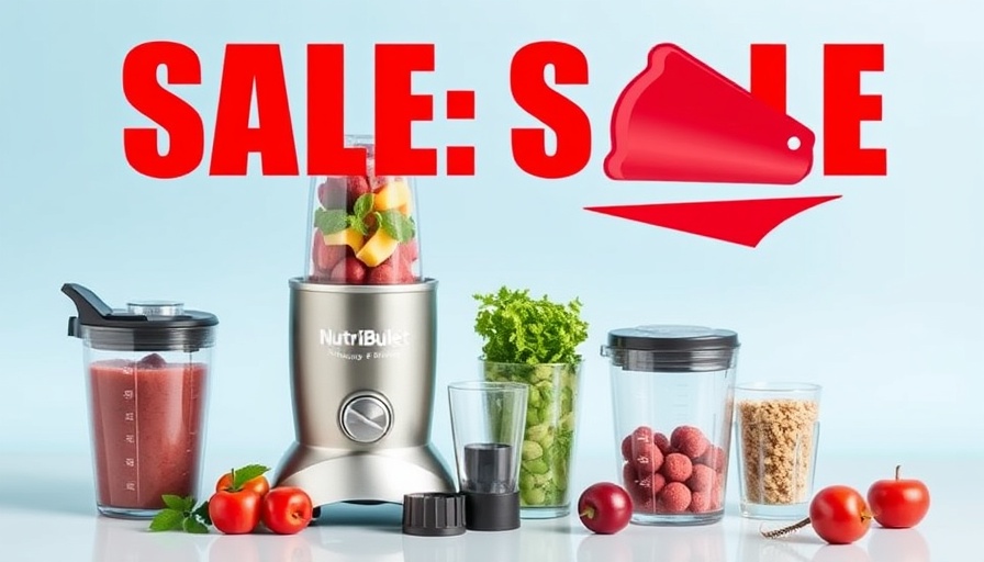 NutriBullet Blender Sale with vibrant ingredients and bold sign