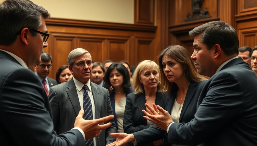 Immigration courtroom scene with individuals in discussion.