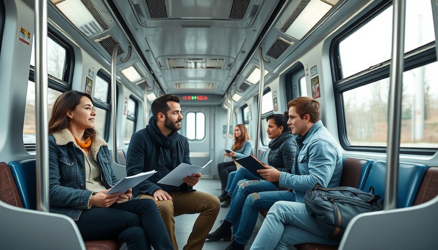Casual commuters on a train discussing Pennsylvania Transportation Funding Proposal.