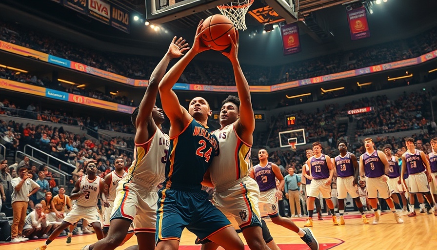 Intense basketball game action with players in a crowded stadium.