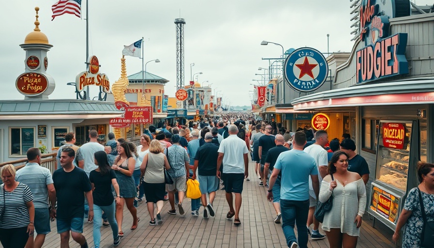 Crowded boardwalk with shops and people in overcast light.